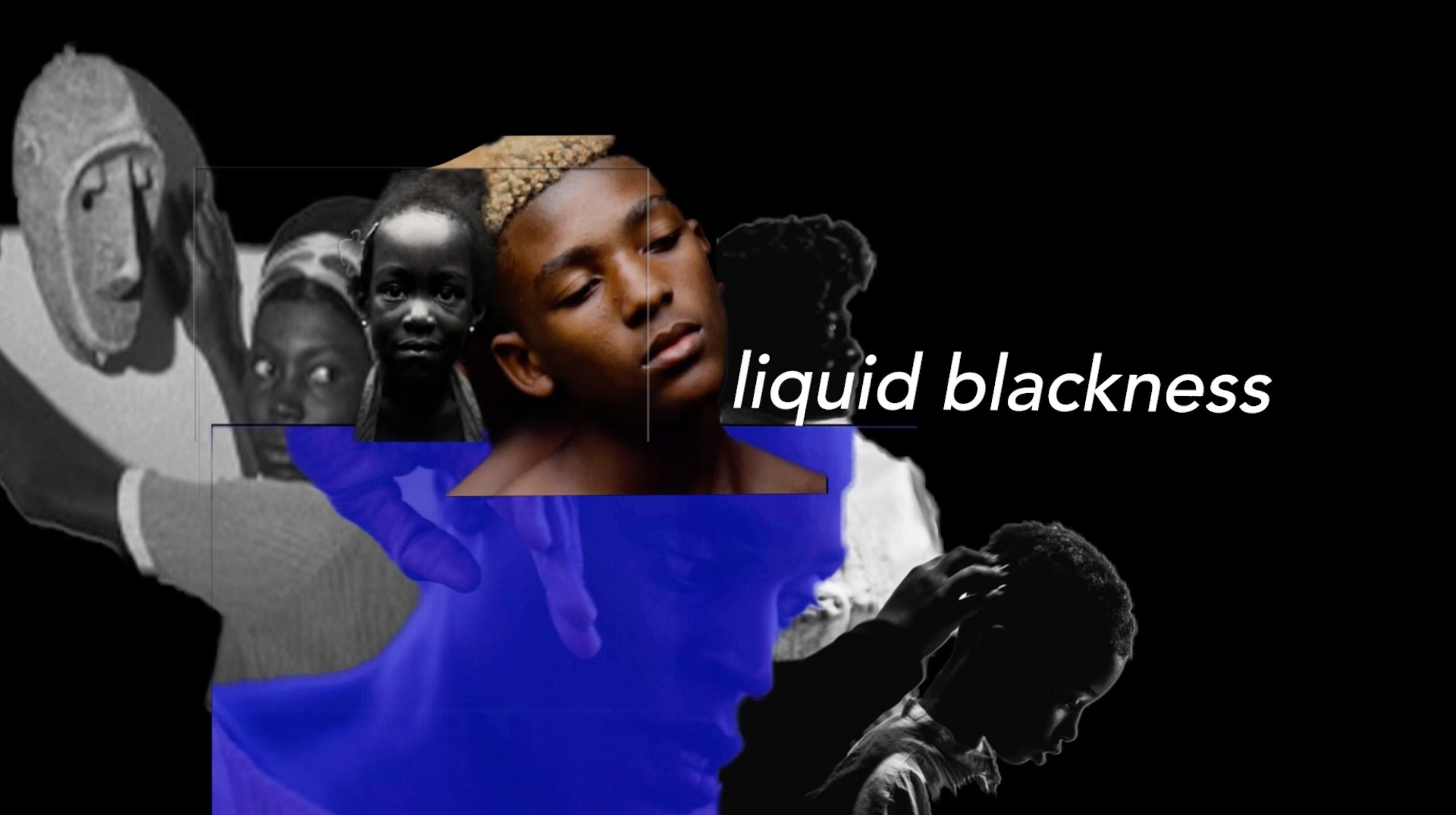 Tre people, blue and black and a text "liquid blackness project"
